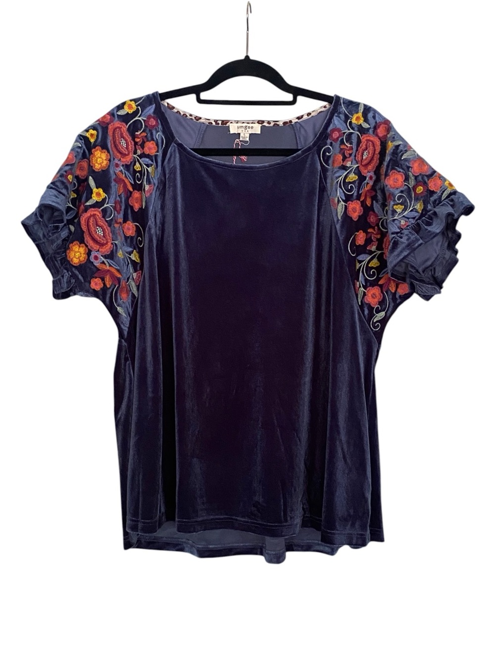 UMGEE Velvet Blouse Embroidered Floral Ruffle Dark Blue Womens Size Large NWT